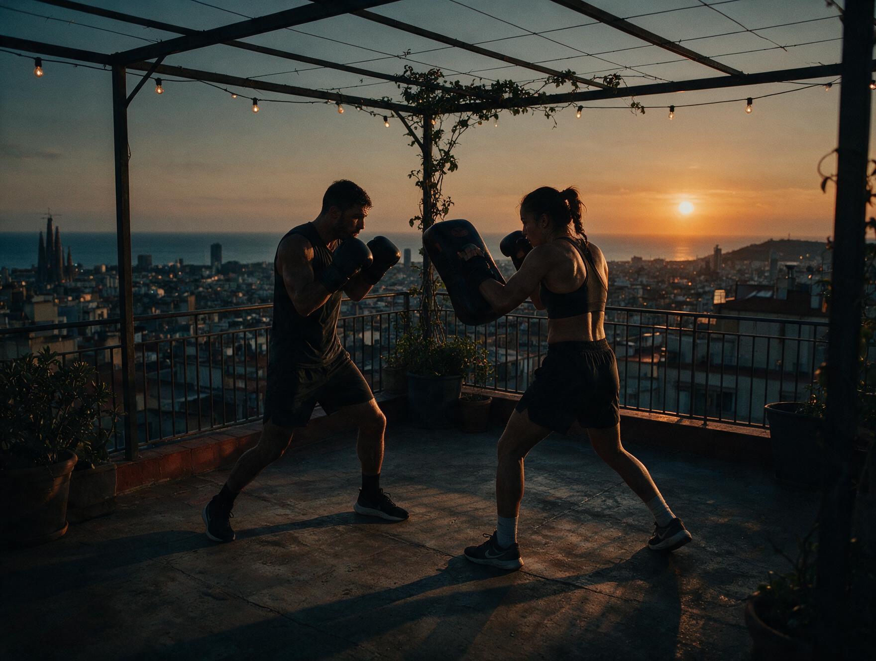 Boxing pad session on a rooftop at dusk with the Barcelona skyline and the sea behind