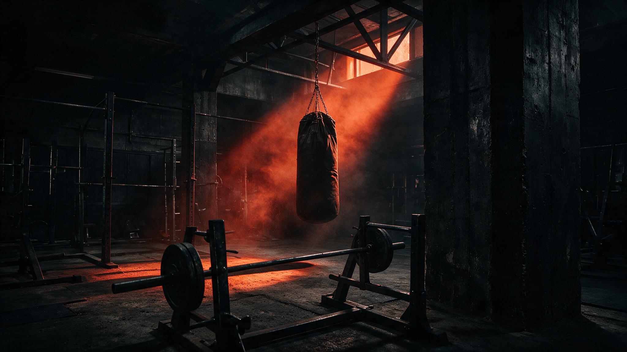 Dark industrial gym floor with a loaded barbell rack and a boxing heavy bag lit by a shaft of orange light