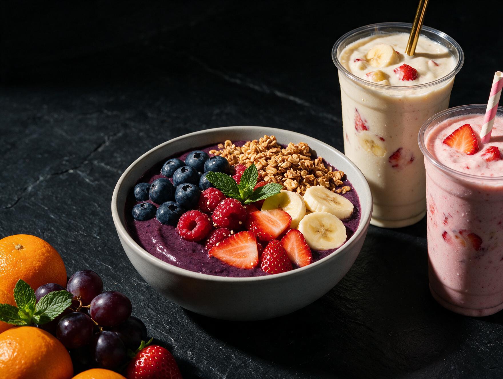 Acai bowl topped with fresh berries and granola beside protein shakes and cut fruit