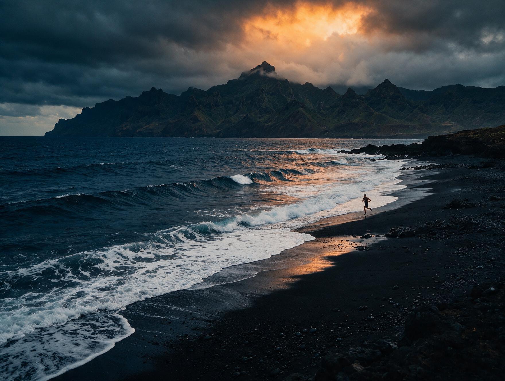 Runner on a black volcanic sand coastline in Tenerife with volcanic mountains behind