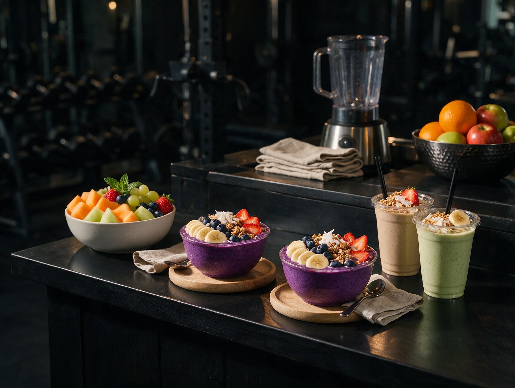 Nutrition station counter with acai bowls, fresh fruit and protein shakes