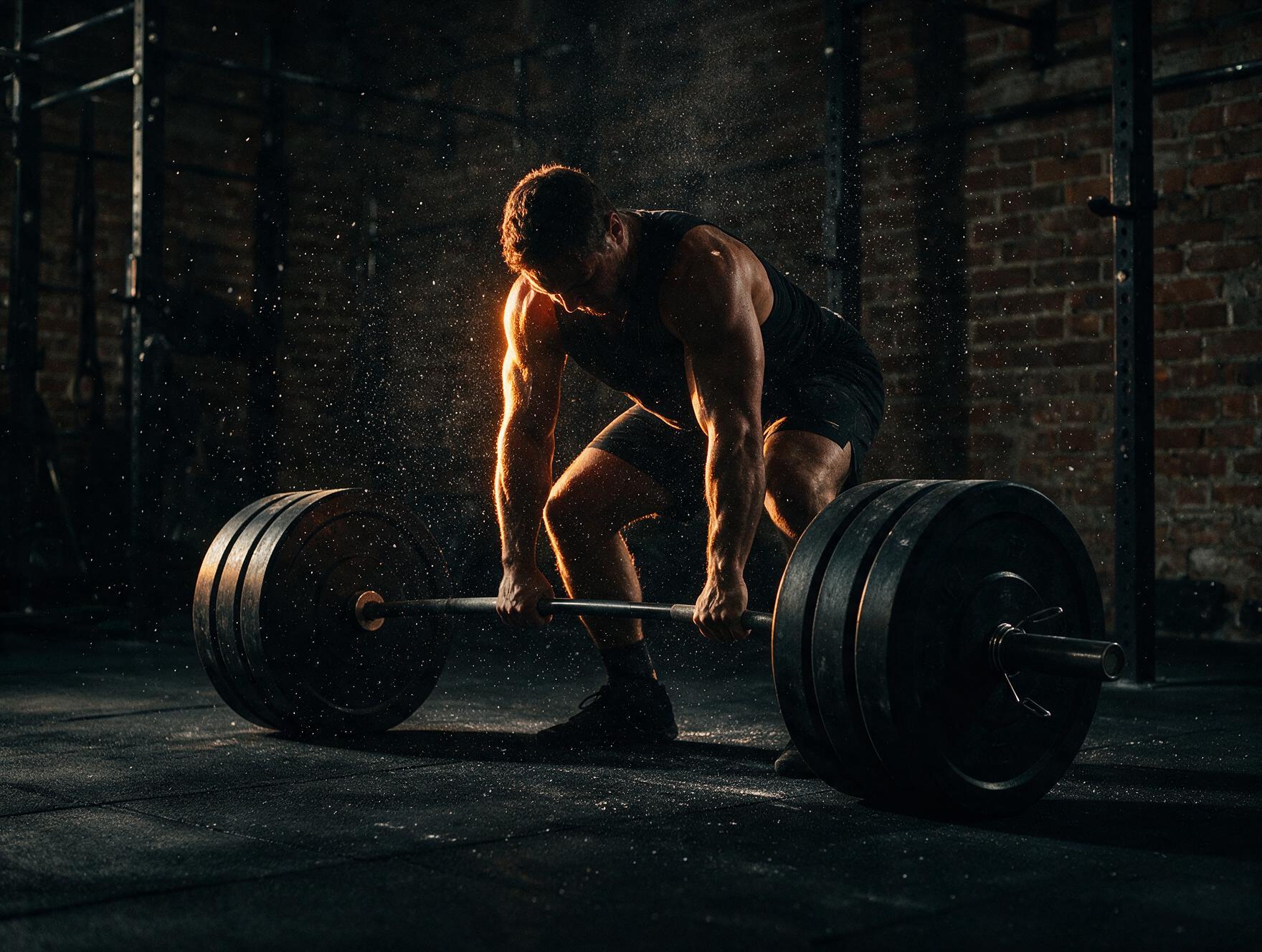 Athlete performing a deadlift with a loaded barbell in a dark gym