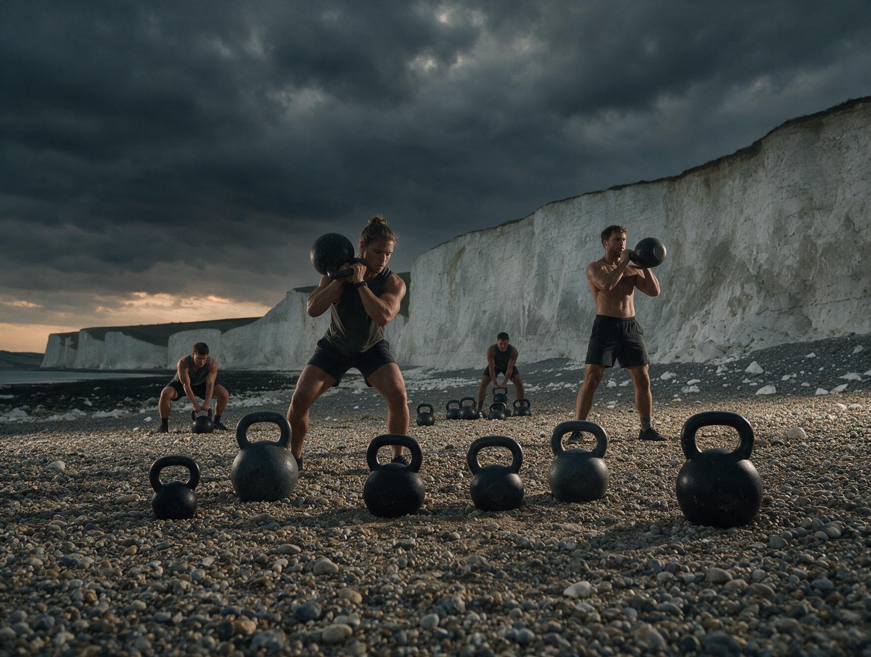 Kettlebell training on a pebble beach below white chalk cliffs on the English south coast