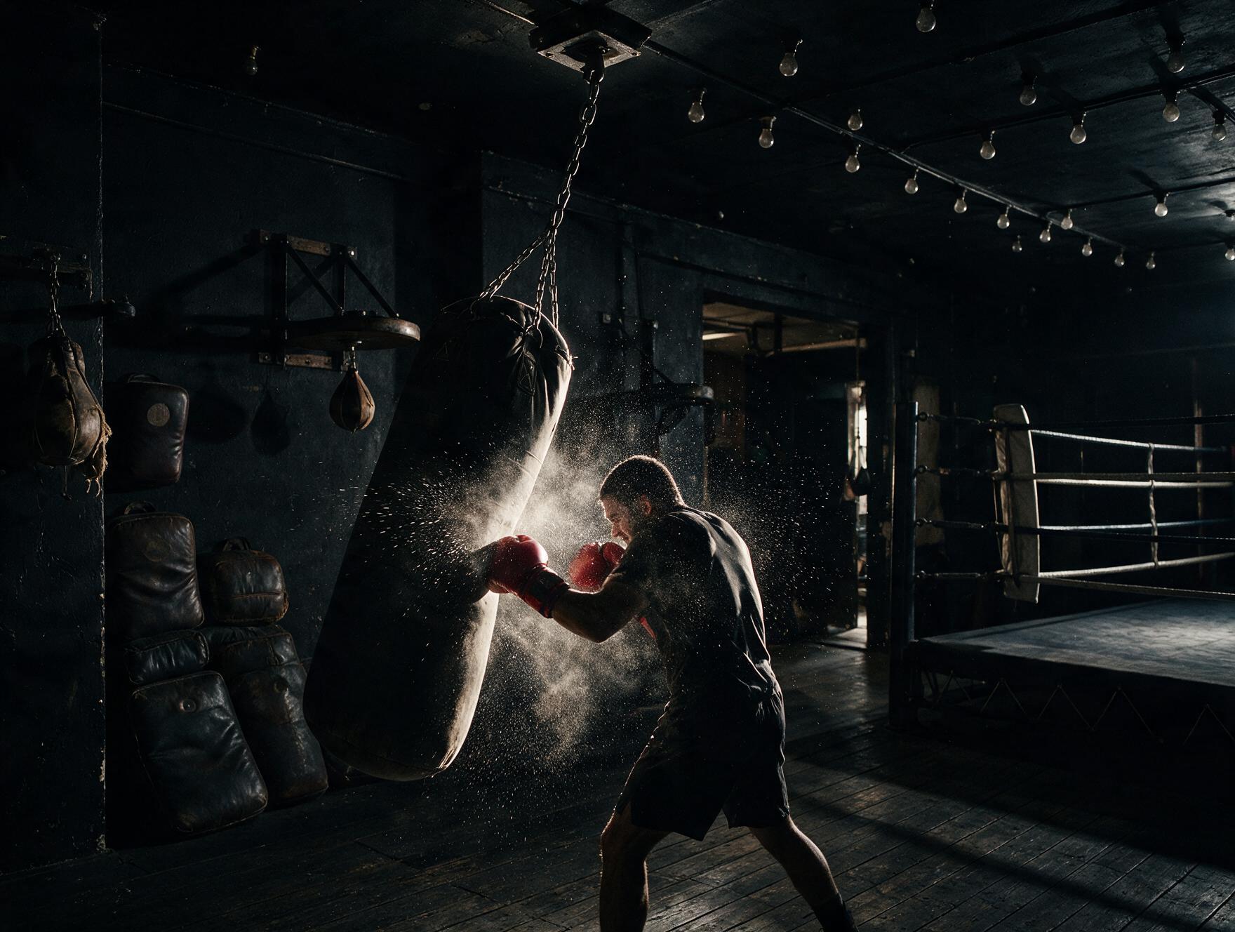 Boxer in red gloves striking a heavy bag